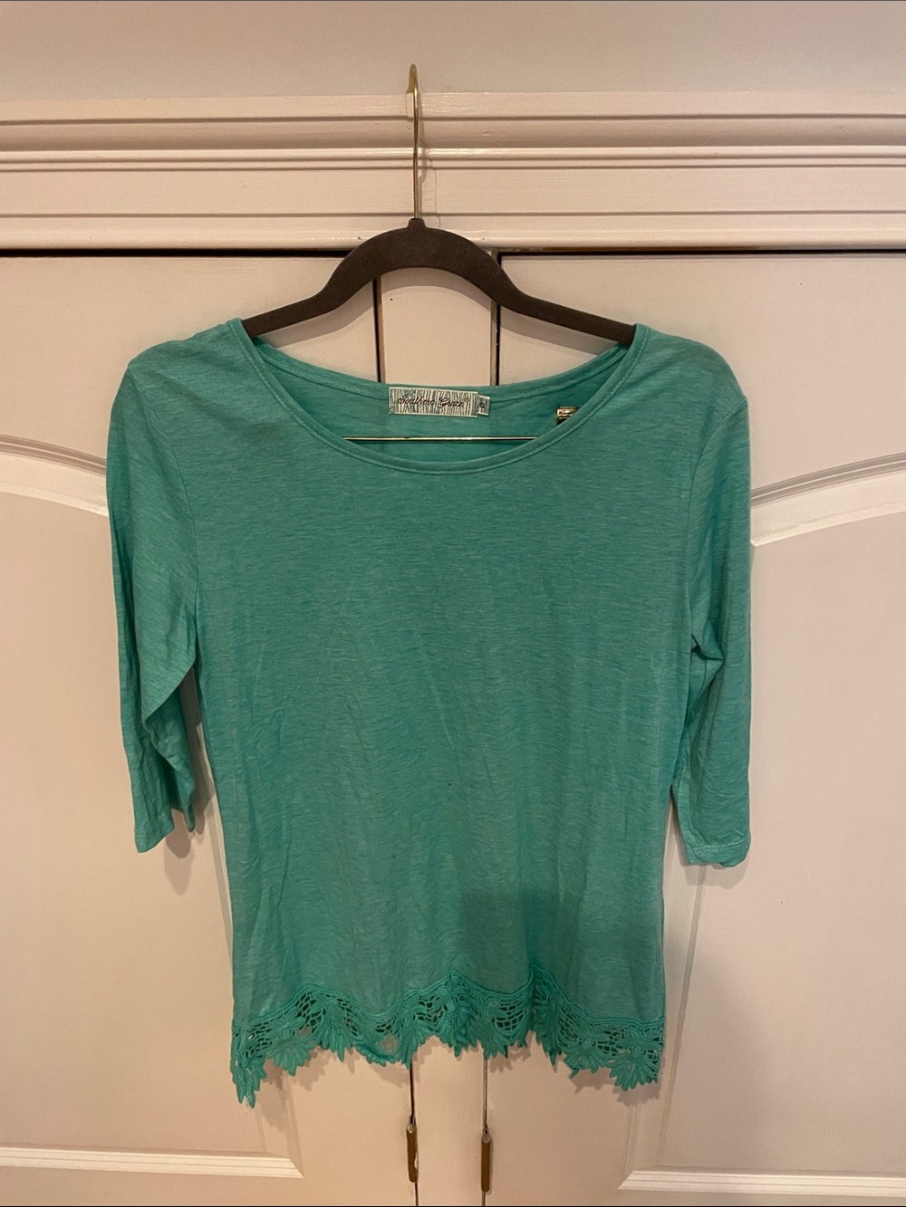 Southern Grace Teal Crochet-Hem Three-Quarter Sleeve Top